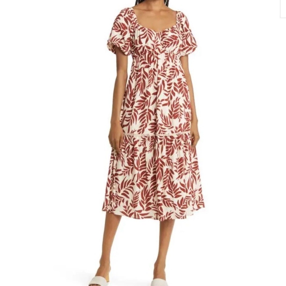Lost + Wander Hydra Springs Cream Rust‎ Leaf Print Midi Dress Women's Size XL